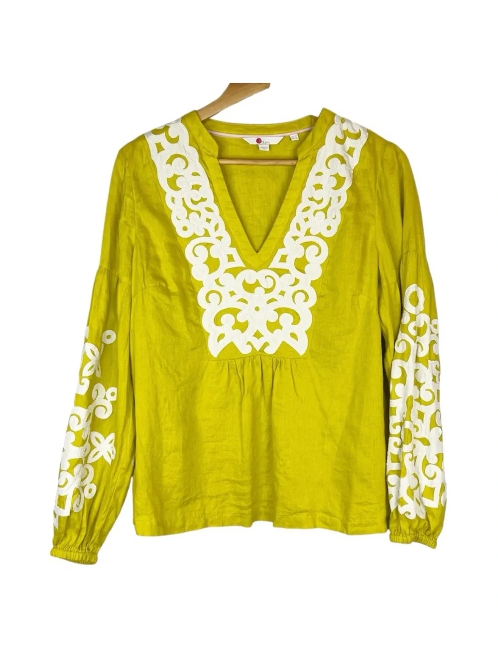 Boden Leonie Embroidered Women’s Linen Top in Chartreuse Yellow—Sz 16